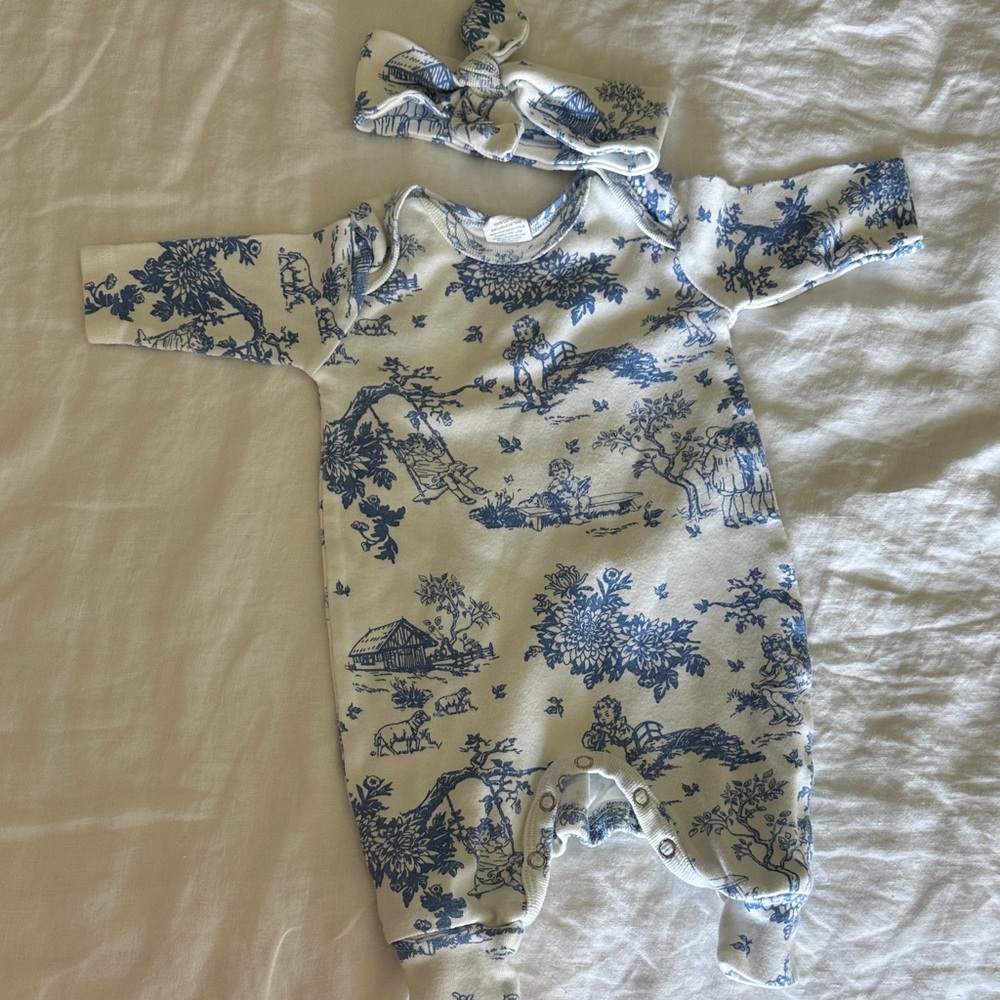Blue and White Kids One Piece Bodysuit with Headband